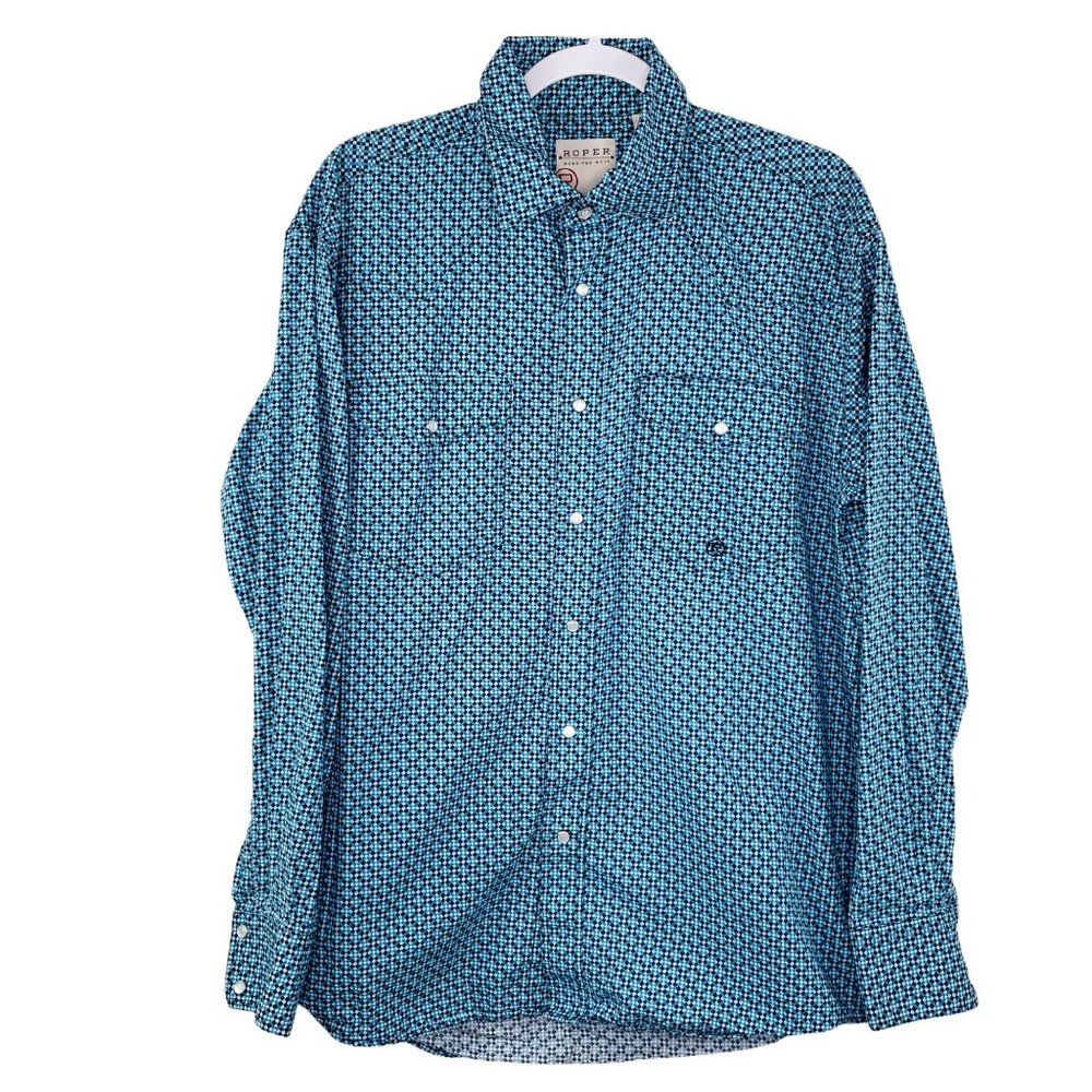 Mens Roper Western Pearl Snap Buttons Shirt Blue Unsized M Rodeo Pattern Pockets